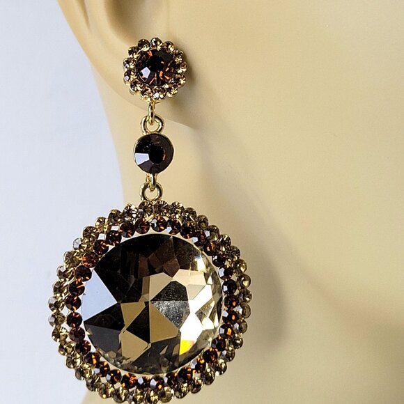Vintage Inspired Round Cut Champagne and Amber Glass Stone Drop Earrings - Picture 3 of 11